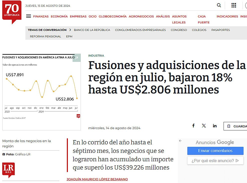 Fusiones y adquisiciones de la regin en julio, bajaron 18% hasta US$2.806 millones